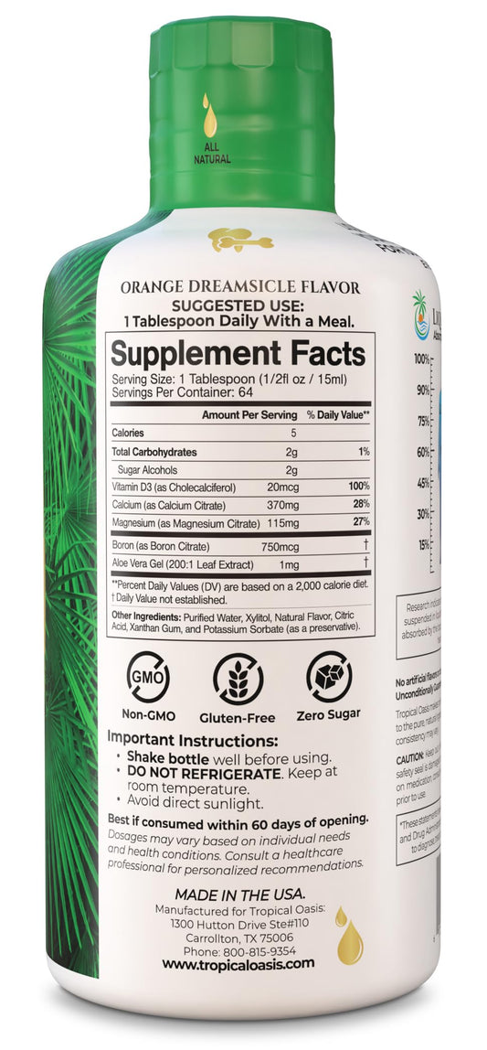 Tropical Oasis bottle label highlights calcium magnesium citrate for better absorption.