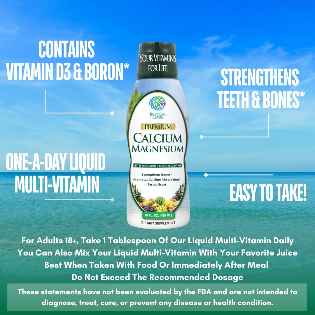 Tropical Oasis Liquid Calcium Magnesium orange flavor label highlighting gluten-free formula