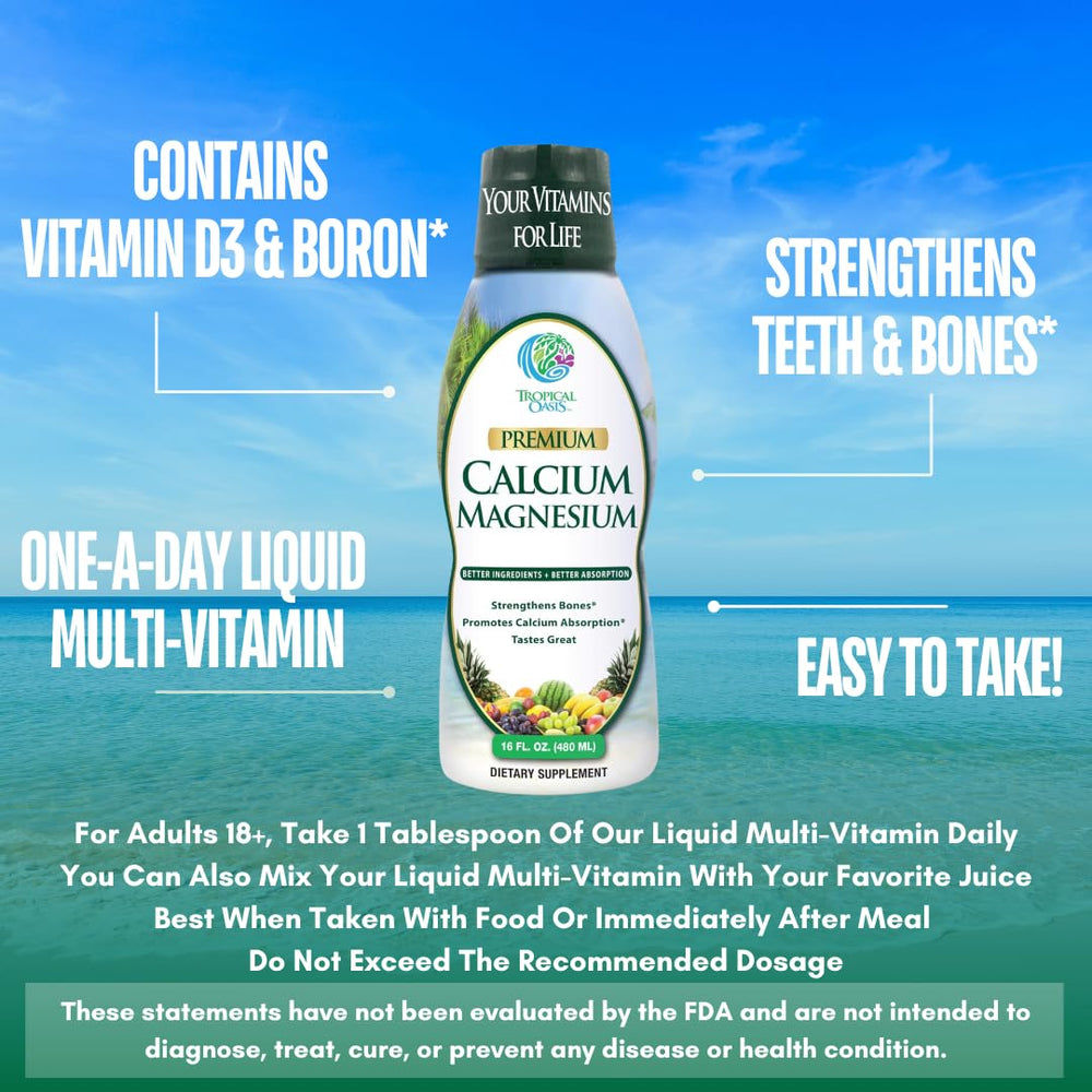 Tropical Oasis Liquid Calcium Magnesium orange flavor label highlighting gluten-free formula