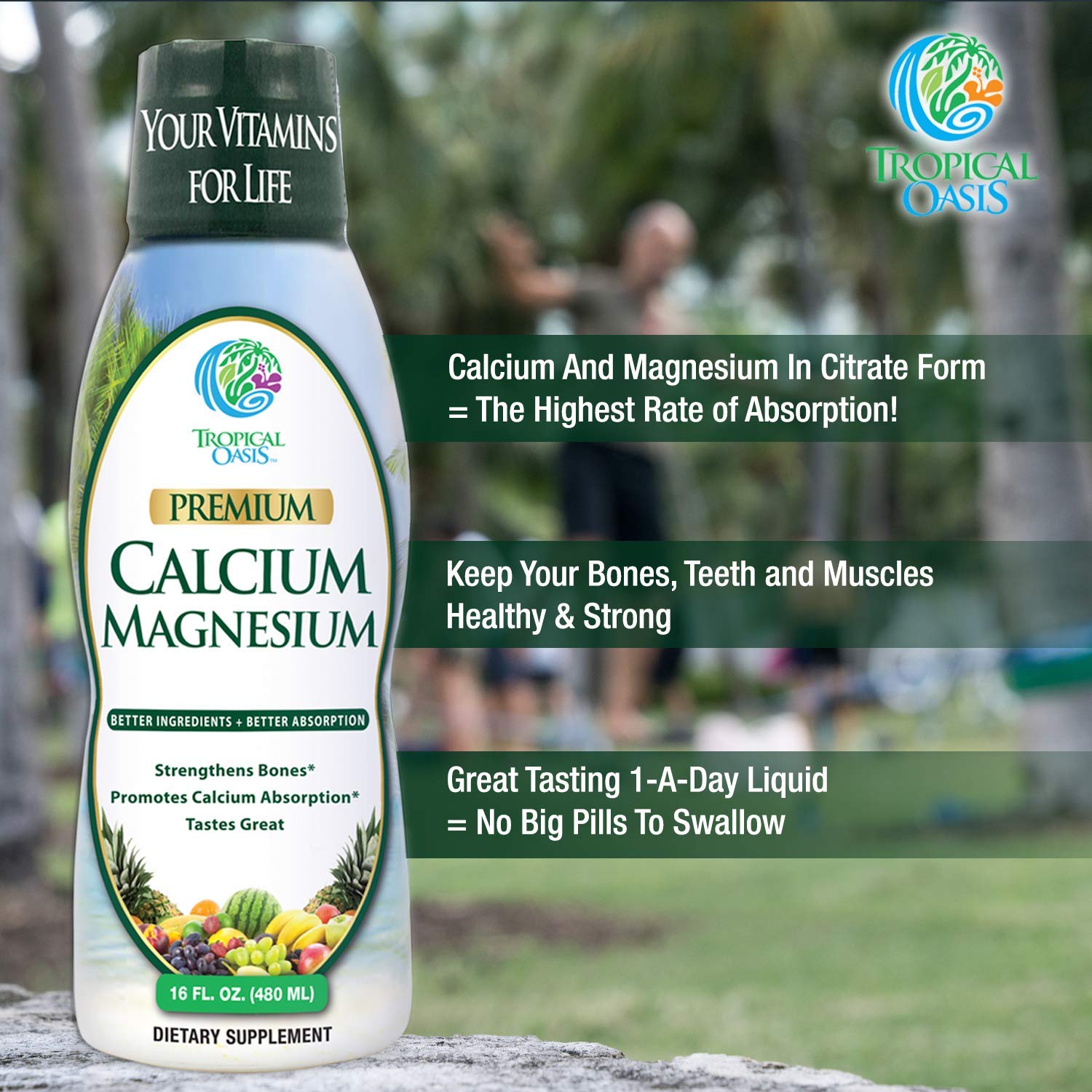 Tropical Oasis Liquid Calcium Magnesium poured into glass for daily use
