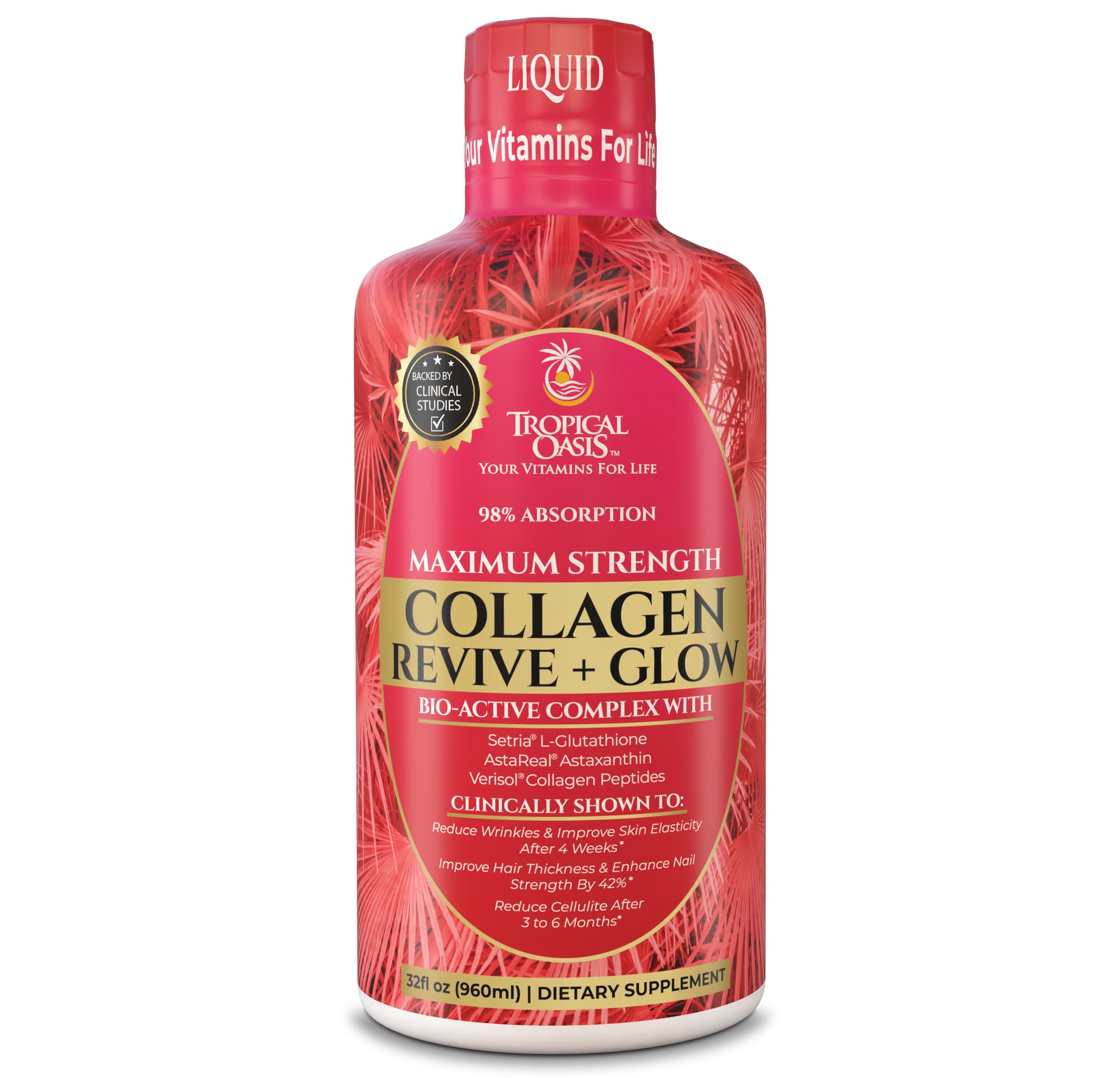 Tropical Oasis Liquid Collagen Glow bottle highlights VERISOL for potential hair and nail support.