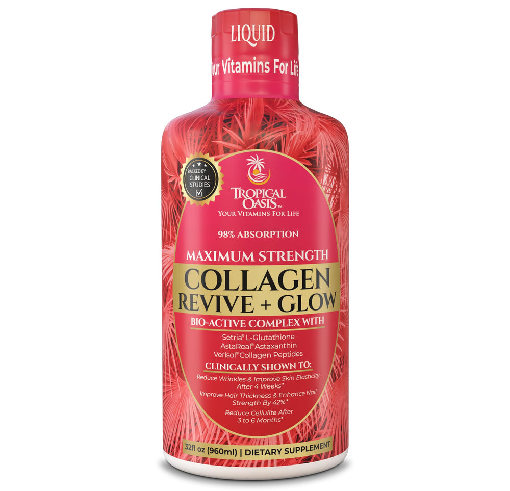 Tropical Oasis Liquid Collagen Glow bottle highlights VERISOL for potential hair and nail support.
