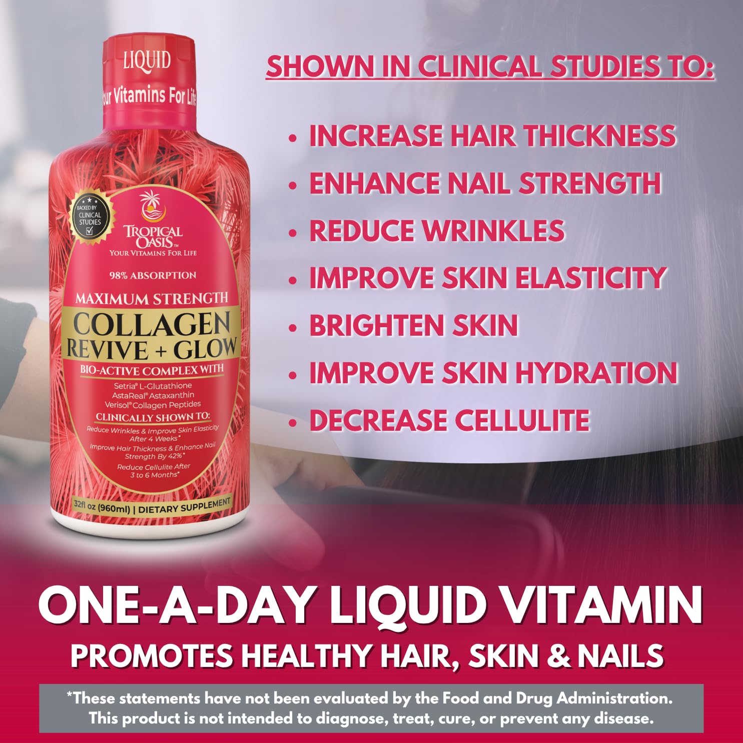 Dispense cap shown for precise daily servings of Tropical Oasis Glow, easing routine.