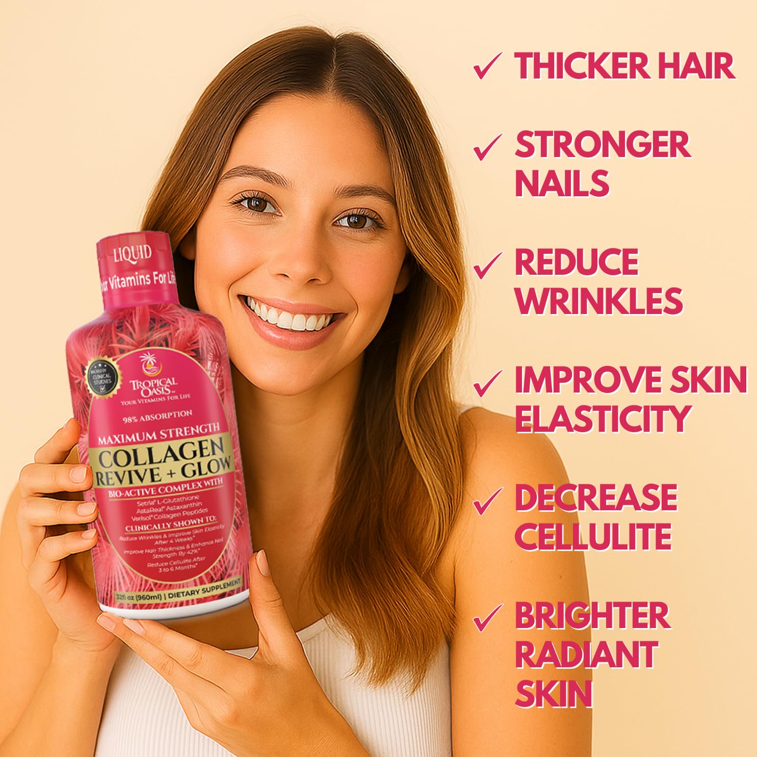 Ingredients panel on Tropical Oasis Glow shows premium collagen and nutrients for skin health.