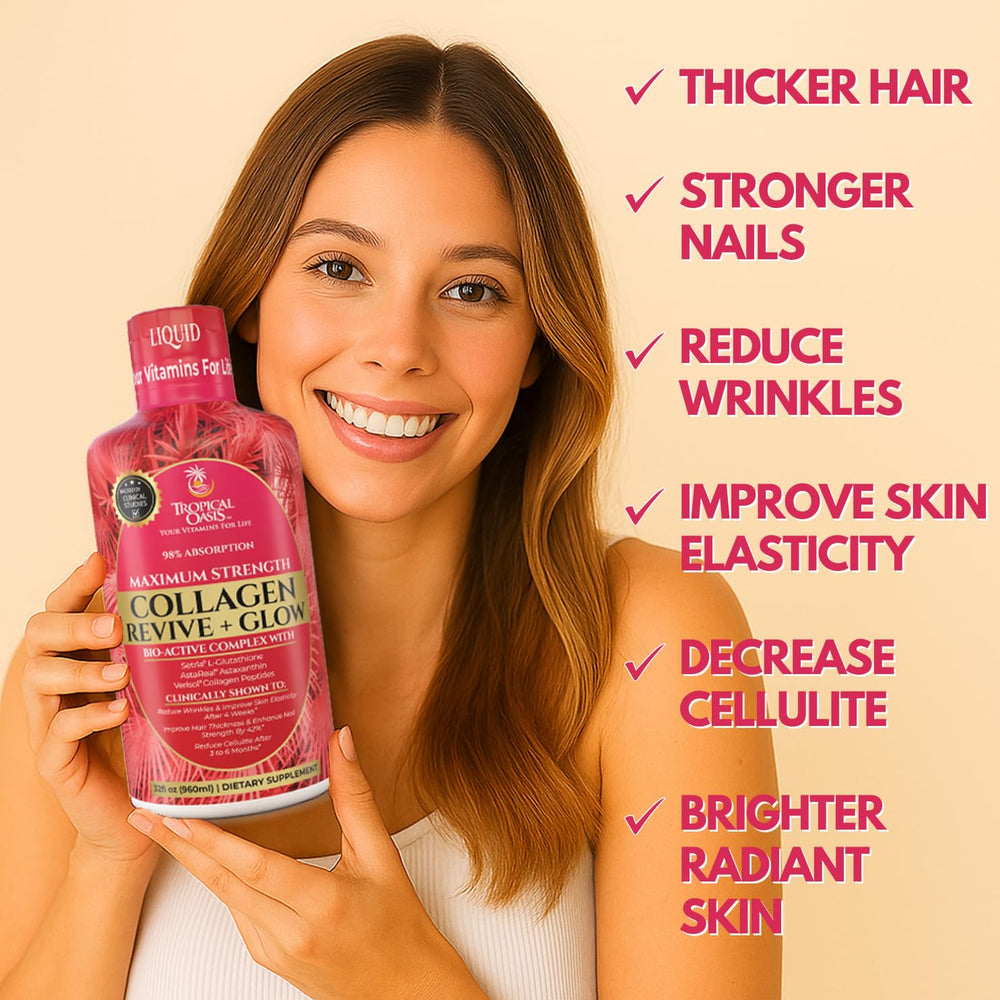 Ingredients panel on Tropical Oasis Glow shows premium collagen and nutrients for skin health.