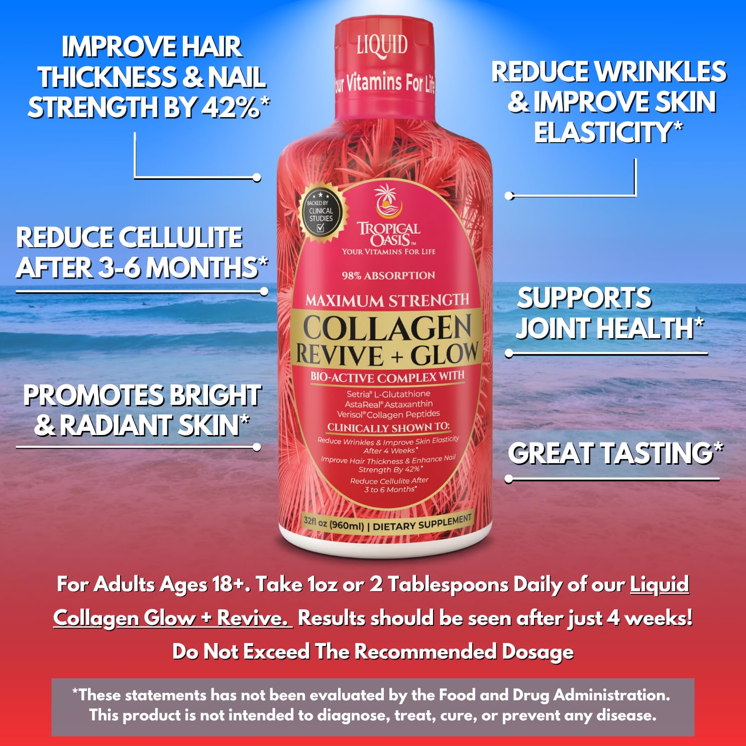 Close-up of Tropical Oasis Glow label emphasizes VERISOL B and biotin for beauty support.