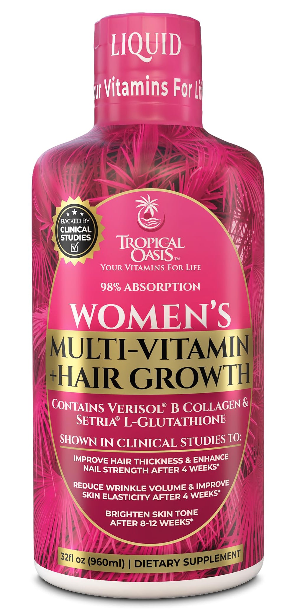 Tropical Oasis liquid multivitamin bottle pour demonstrates convenient daily use for wellness.