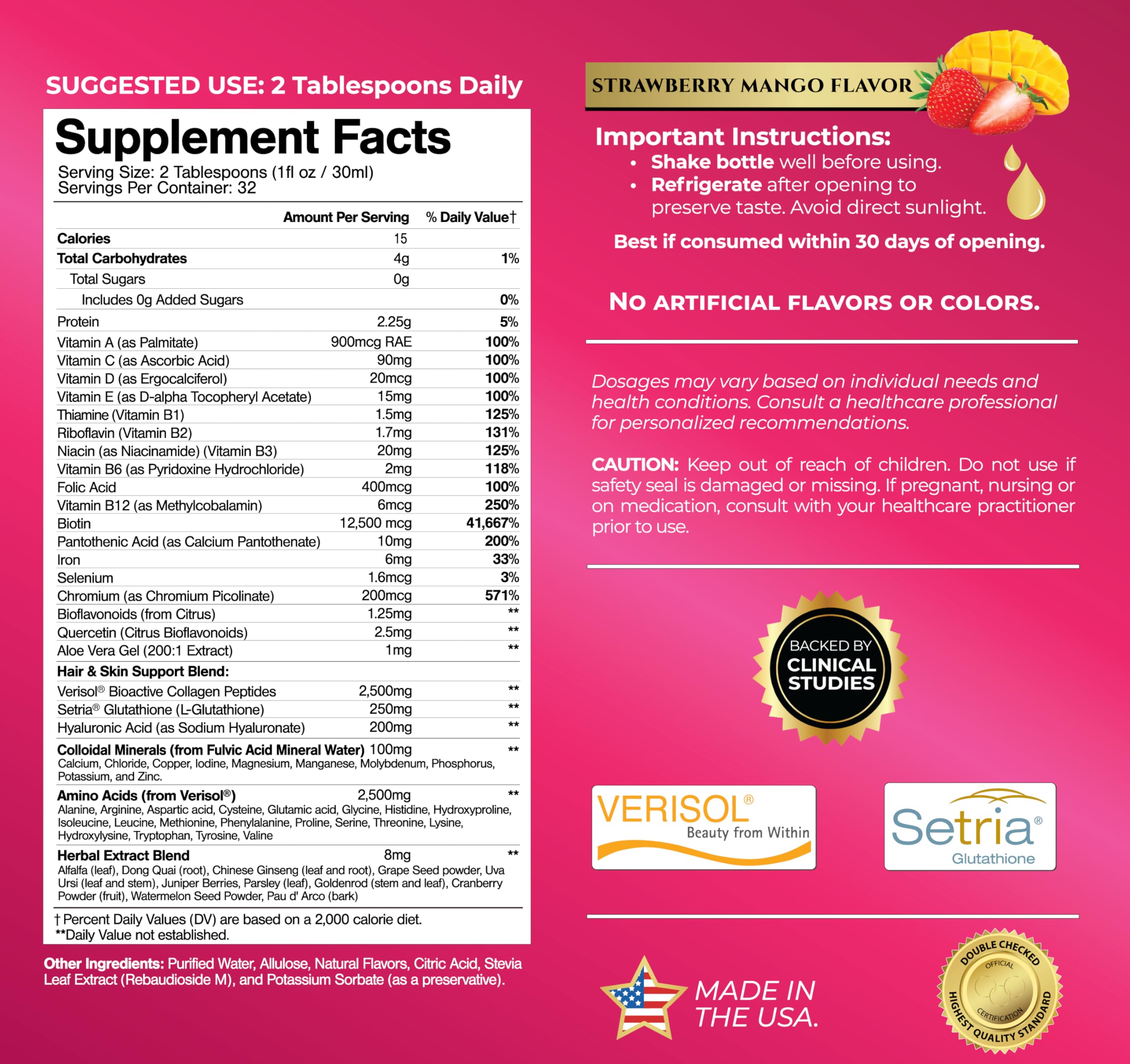 Tropical Oasis liquid multivitamin label closeup highlights clean ingredients and brand trust.