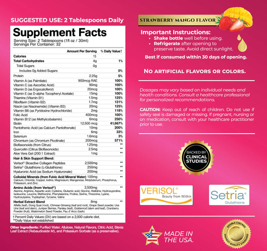 Tropical Oasis liquid multivitamin label closeup highlights clean ingredients and brand trust.