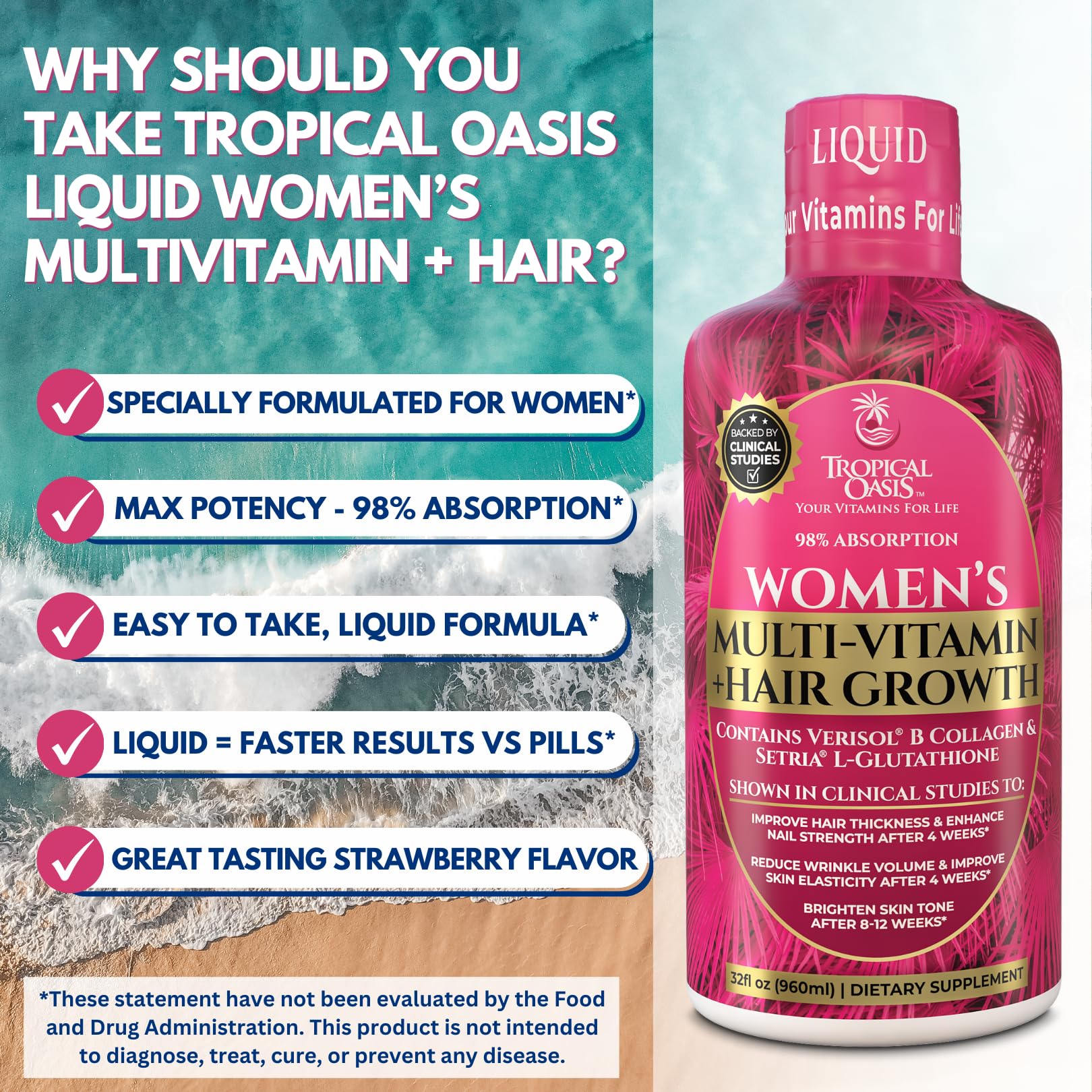 Tropical Oasis liquid multivitamin nutrition facts panel emphasizes VERISOL and Setria ingredients.