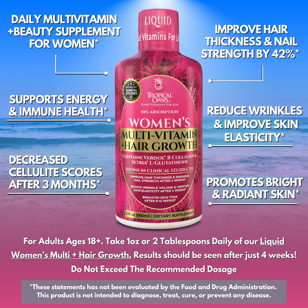Tropical Oasis liquid multivitamin servings visual shows precise daily dose.