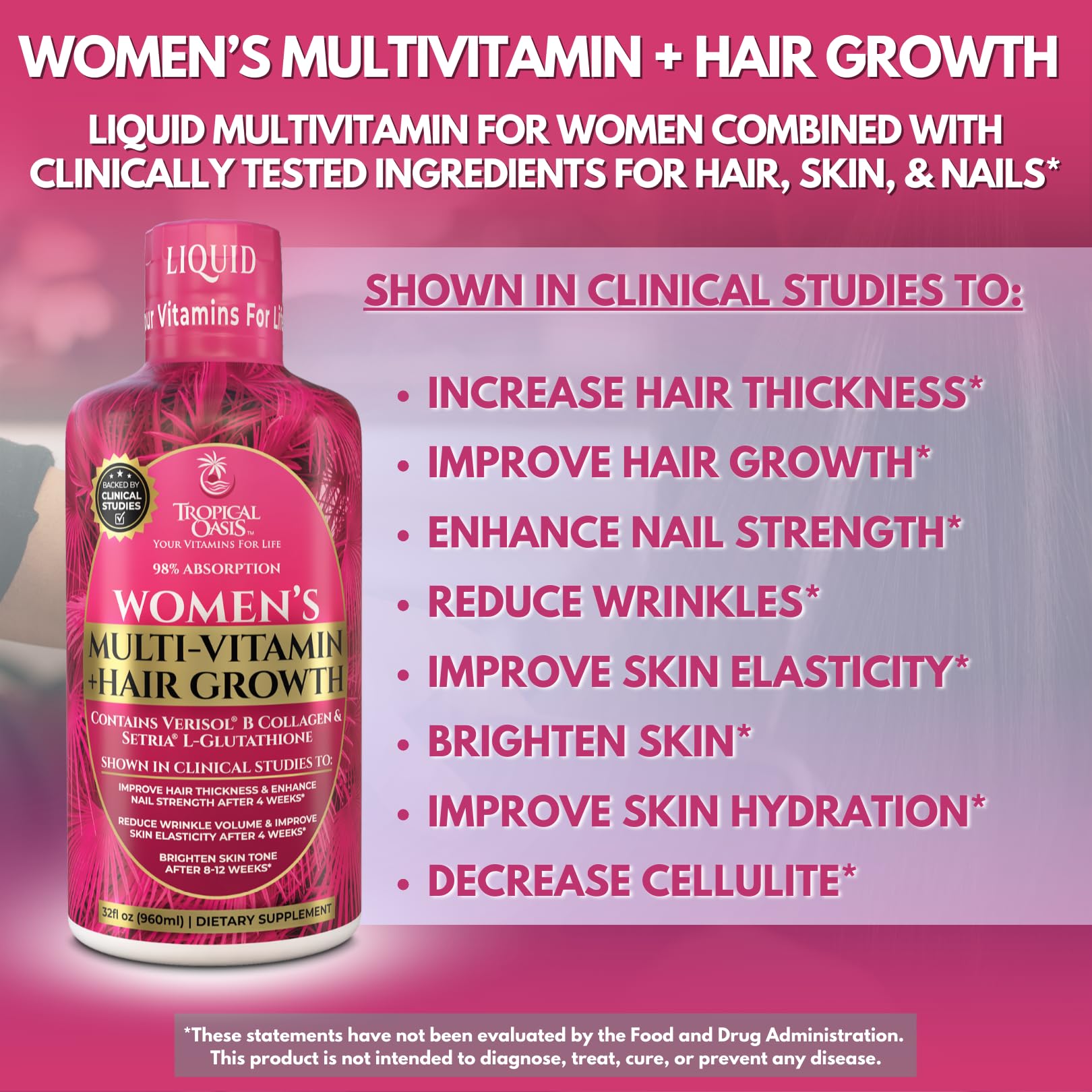 Tropical Oasis liquid multivitamin skin elasticity visual suggests brighter, firmer skin.