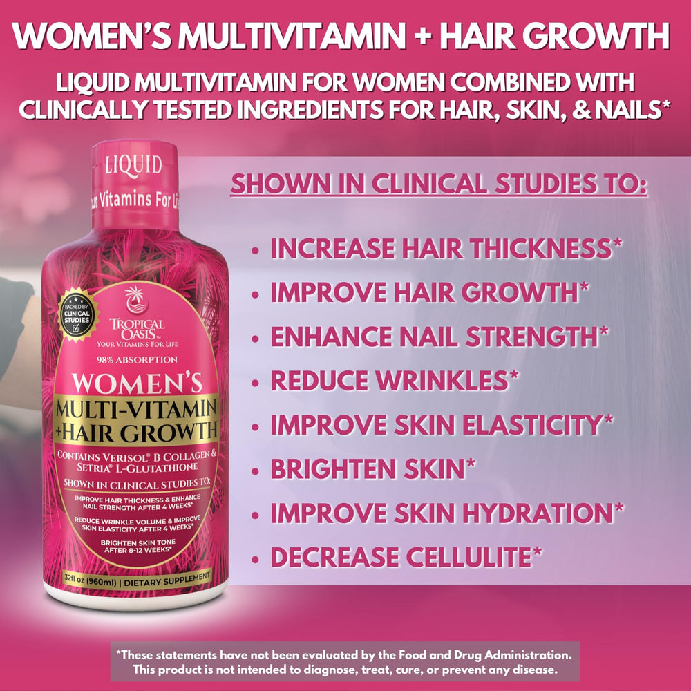 Tropical Oasis liquid multivitamin skin elasticity visual suggests brighter, firmer skin.