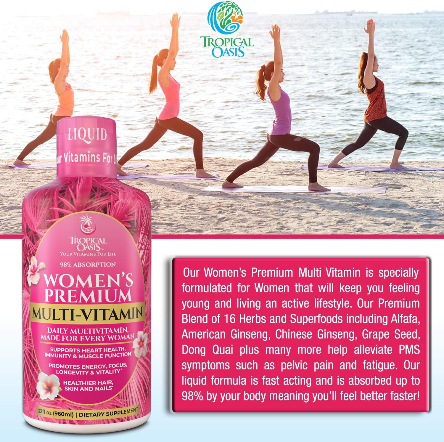 Tropical Oasis liquid multivitamin for women, daily dosing on the counter shows convenient routine.