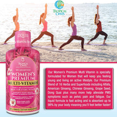 Tropical Oasis liquid multivitamin for women, daily dosing on the counter shows convenient routine.