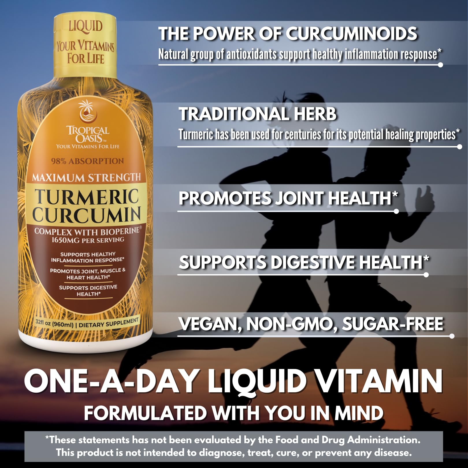 Tropical Oasis Liquid Turmeric with Bioperine icon emphasizes enhanced absorption