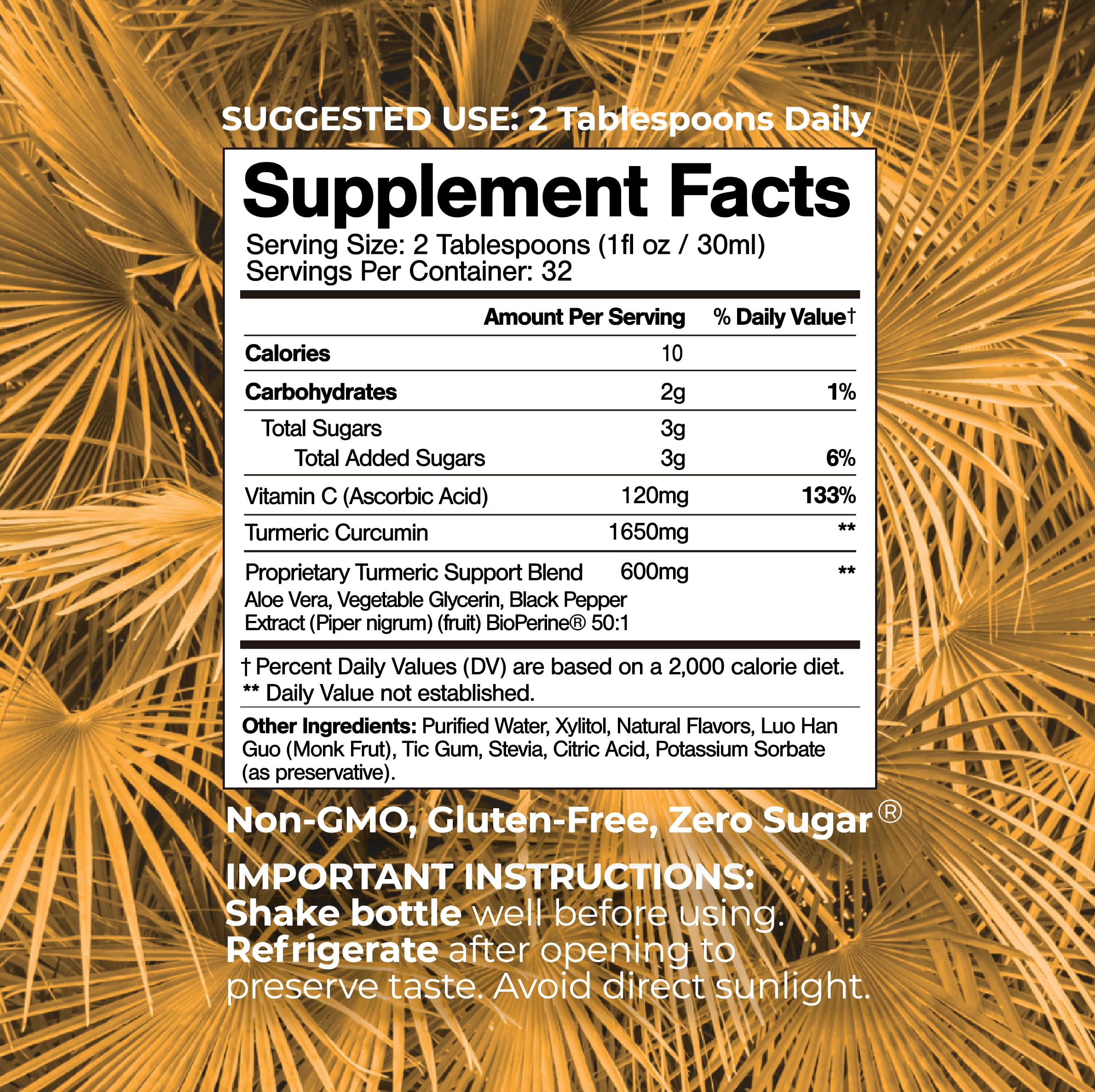 Tropical Oasis Liquid Turmeric bottle closeup highlighting potent 1650mg formula