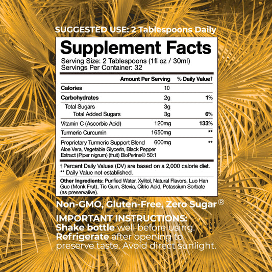 Tropical Oasis Liquid Turmeric bottle closeup highlighting potent 1650mg formula