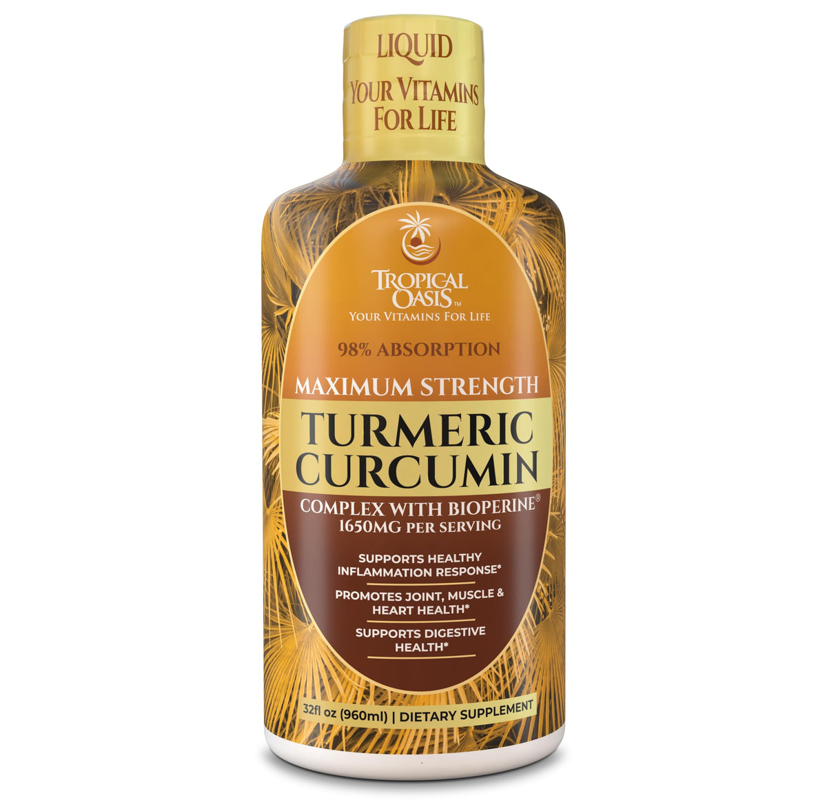 Tropical Oasis Liquid Turmeric bottle pour for easy daily dosing and convenience