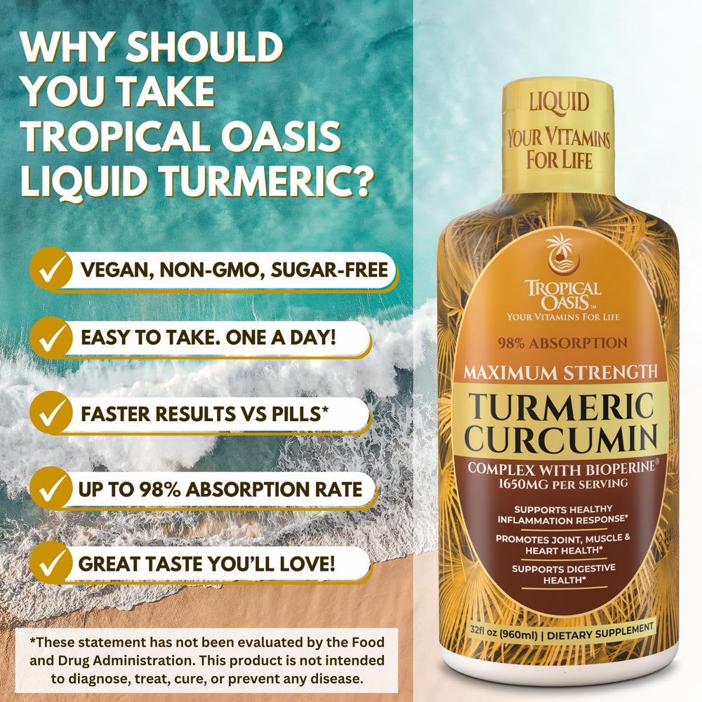 Tropical Oasis Liquid Turmeric label highlights non-GMO, gluten-free, no artificial colors