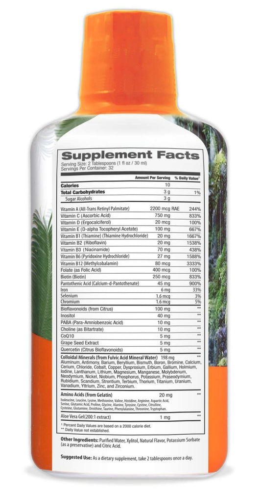 Tropical Oasis Mega Plus bottle back label highlights vitamins and minerals for informed use.