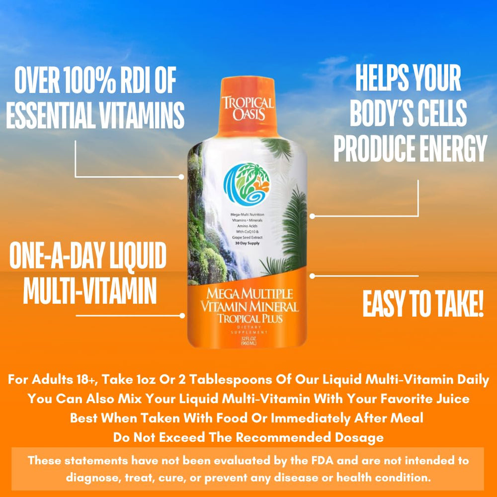 Tropical Oasis Mega Plus ingredients scene highlights 85 nutrients and CoQ10.