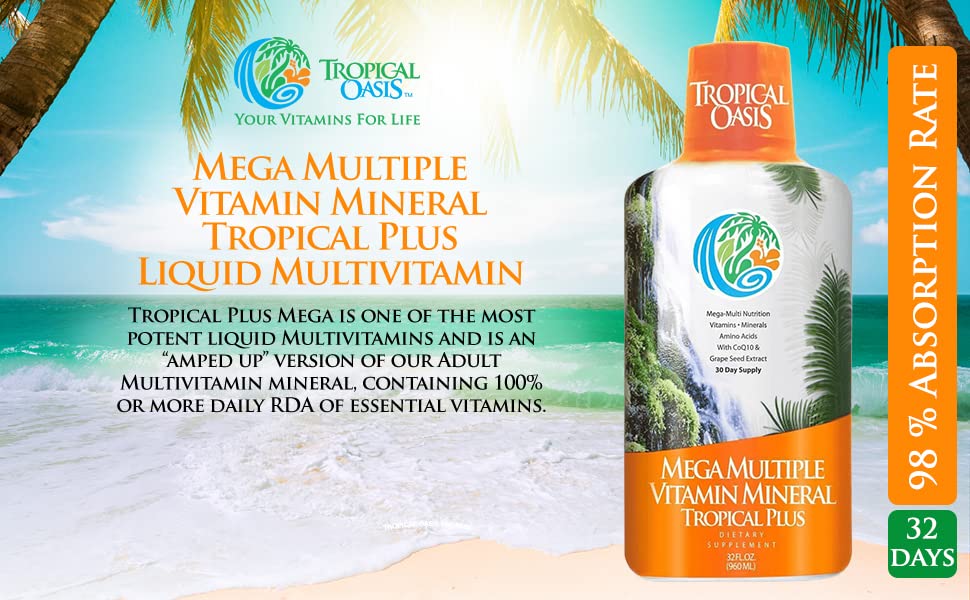 Tropical Oasis Mega Plus label closeup emphasizes organic aloe vera and grape seed extract.