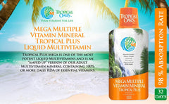 Tropical Oasis Mega Plus label closeup emphasizes organic aloe vera and grape seed extract.