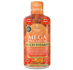Tropical Oasis Mega Premium bottle with orange flavor for immune support.