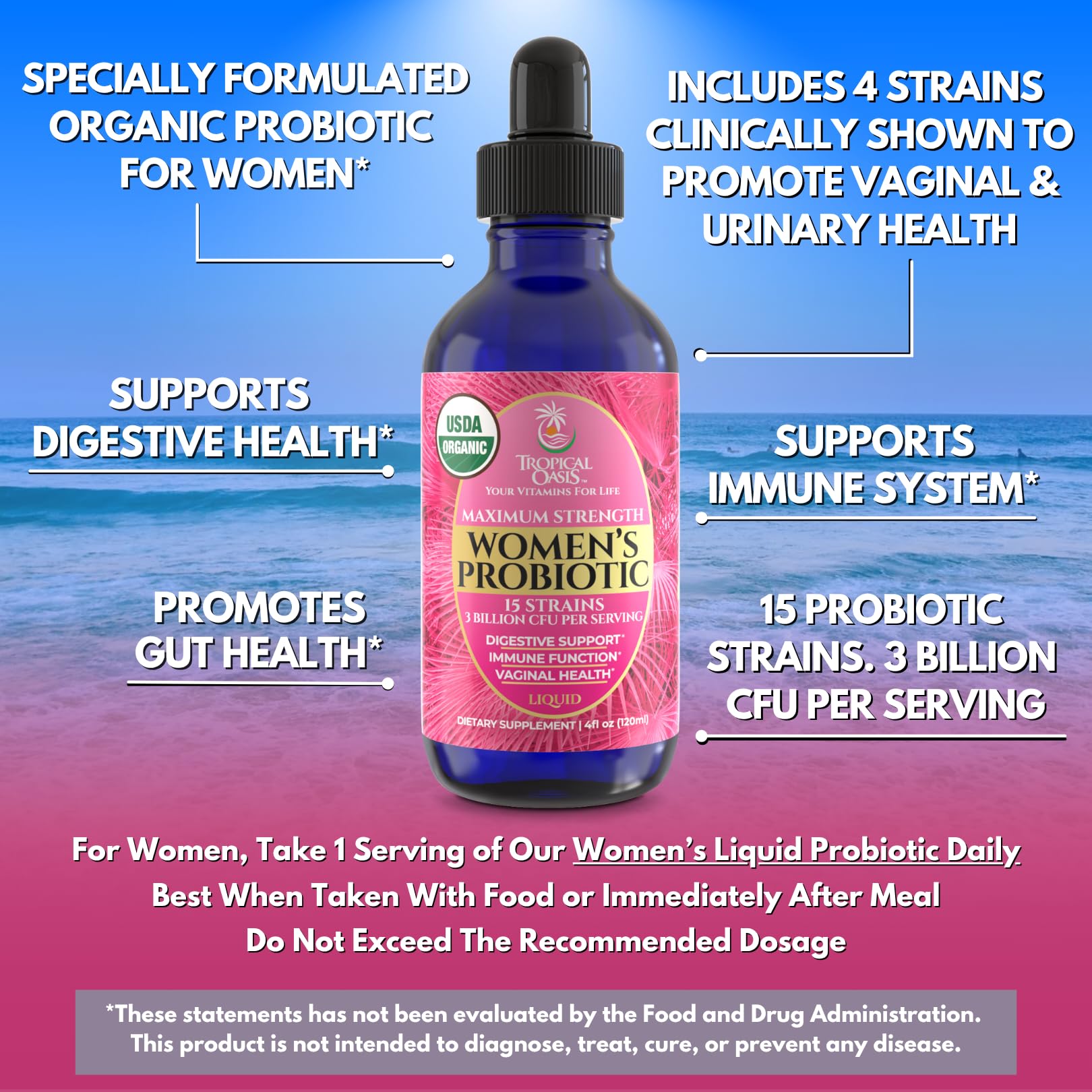 Tropical Oasis organic probiotic label highlights 15 strains