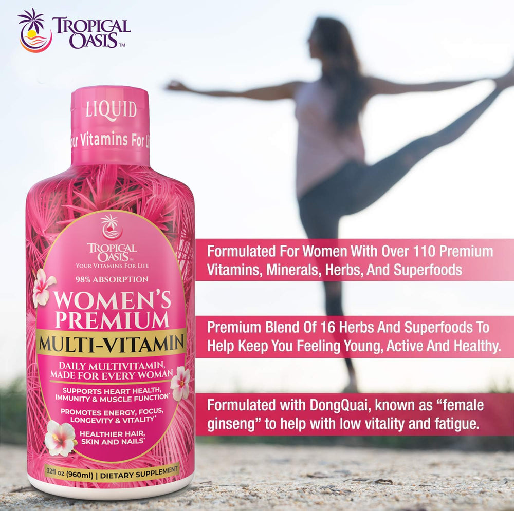 Tropical Oasis ingredients panel on bottle, signaling 110+ components and a blend for broad support.
