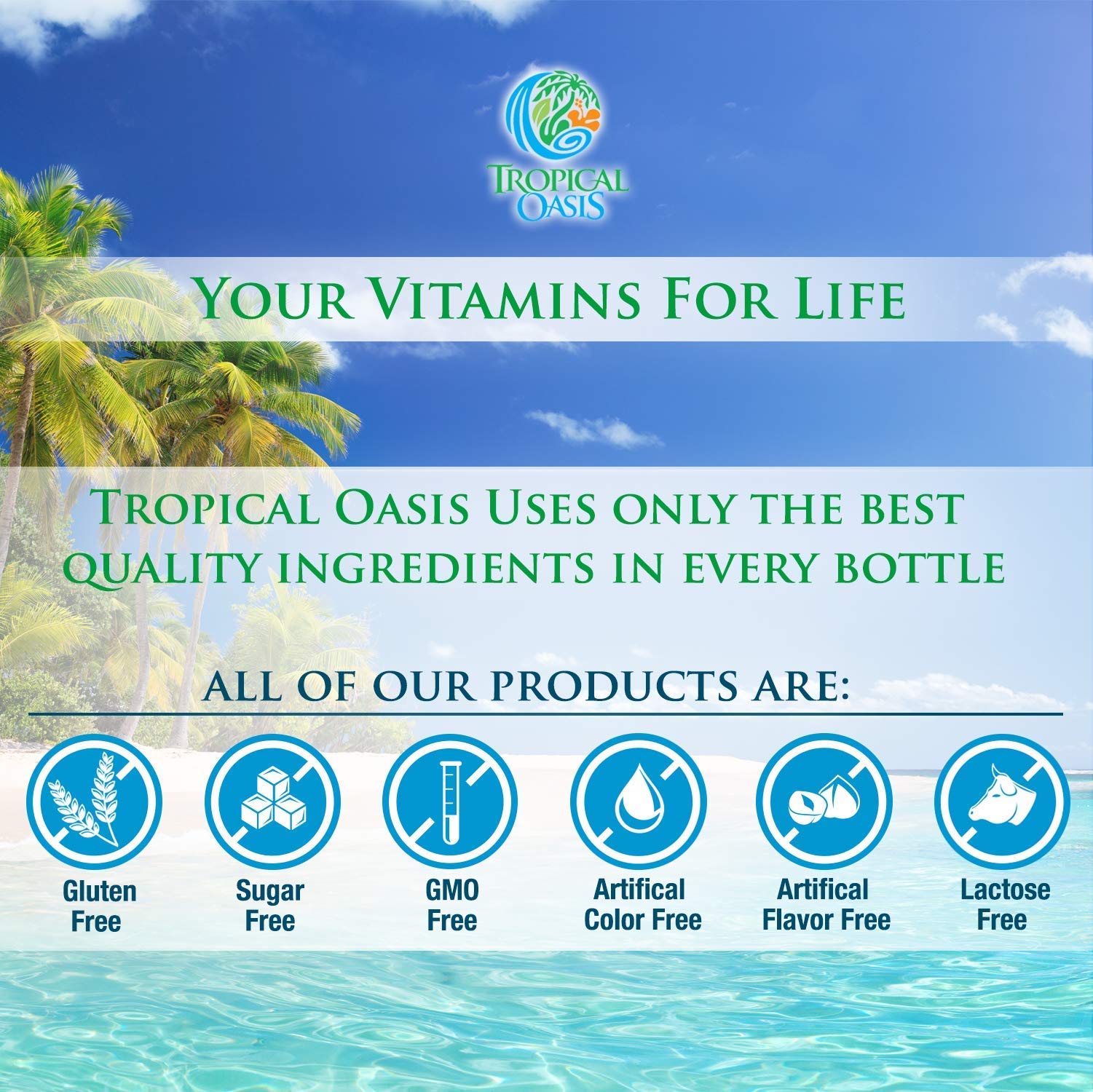 Tropical Oasis premium liquid-multivitamin packaging displayed, implying non-GMO and high absorption.
