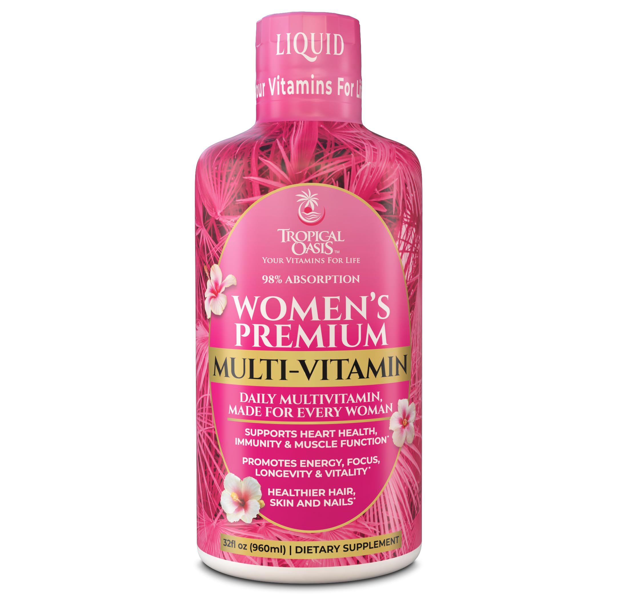 Tropical Oasis premium liquid multivitamin for women, poured into a glass for quick absorption.