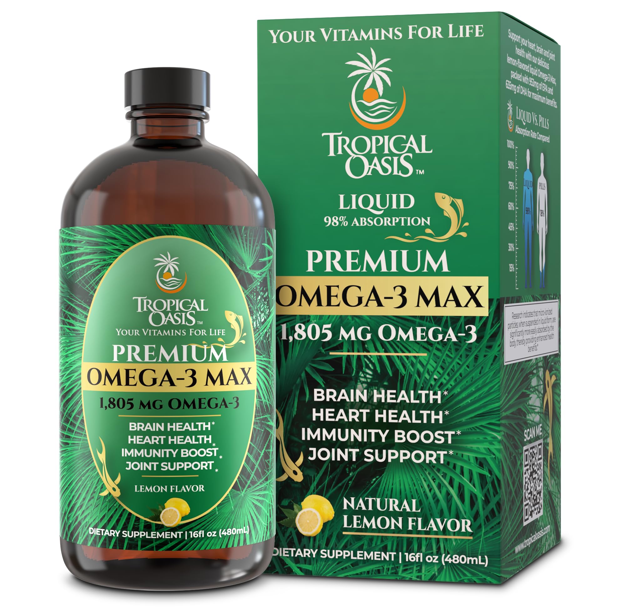 Tropical Oasis Premium Omega-3 liquid bottle being poured for heart and brain support.