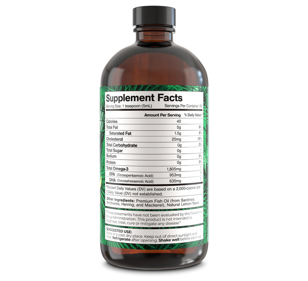 Tropical Oasis Premium Omega-3 liquid spoonful, high absorption for joints and immunity.