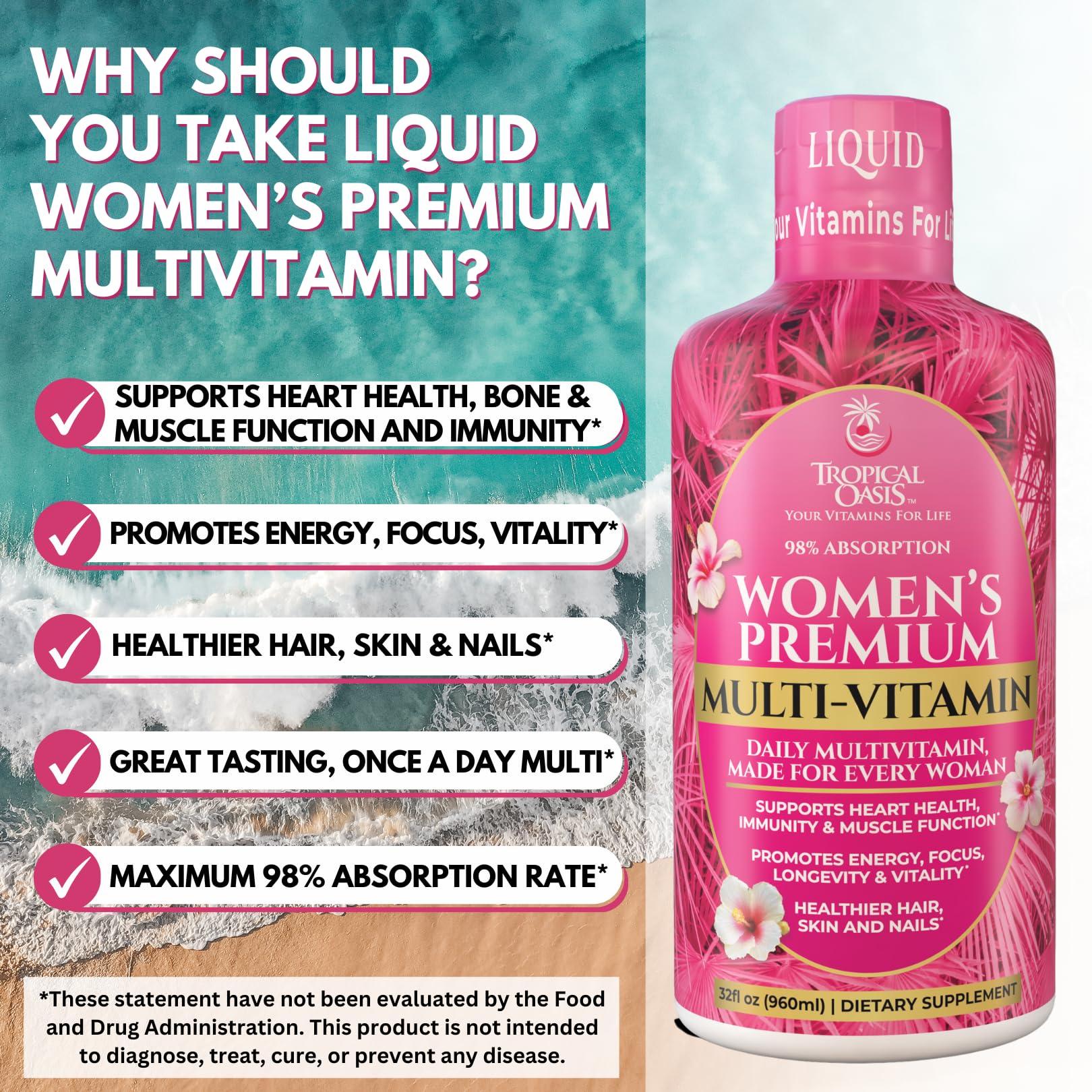 Tropical Oasis women's liquid multivitamin on kitchen counter suggests easy daily nutrition.