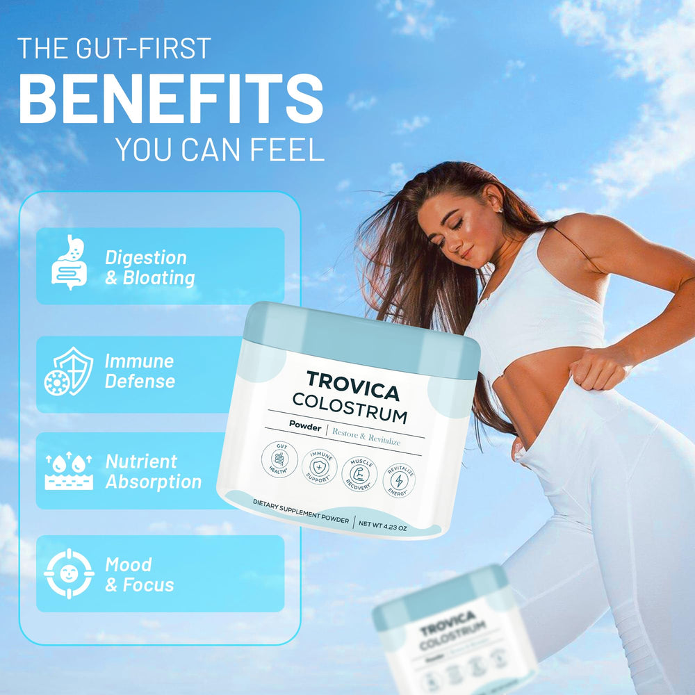 TROVICA Colostrum Powder bottle close up highlighting purity and bioavailable nutrients