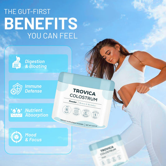 TROVICA Colostrum Powder bottle close up highlighting purity and bioavailable nutrients