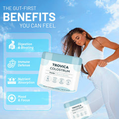TROVICA Colostrum Powder bottle close up highlighting purity and bioavailable nutrients