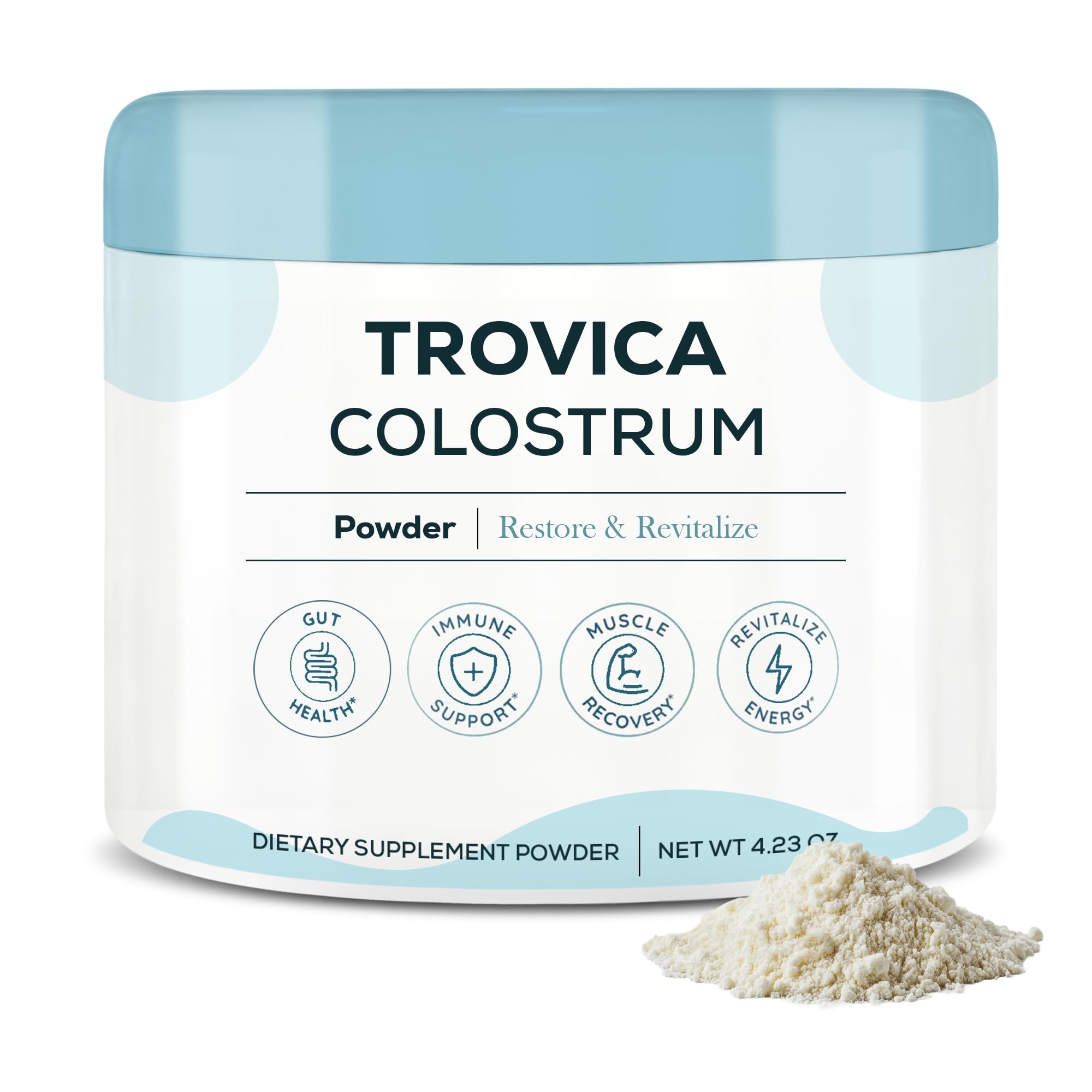 TROVICA Colostrum Powder packaging showing unflavored formula for daily gut support