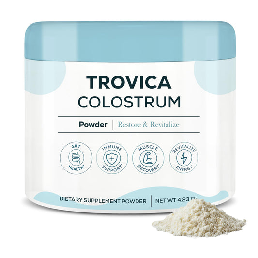 TROVICA Colostrum Powder packaging showing unflavored formula for daily gut support