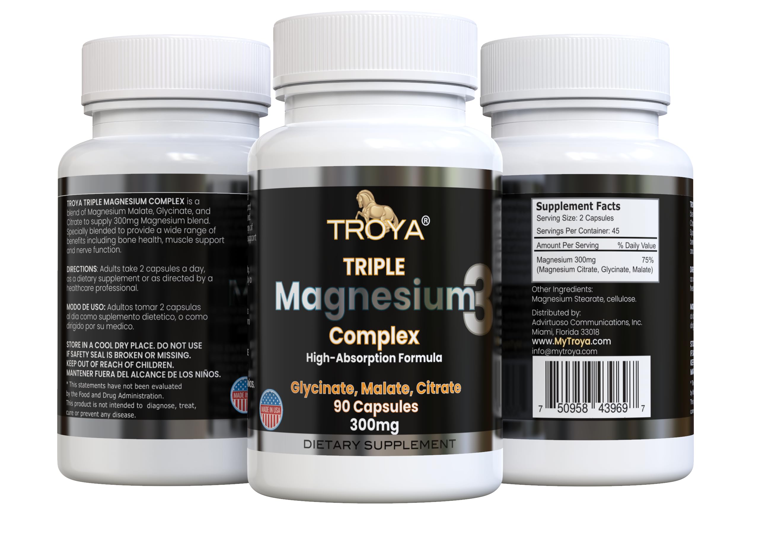 Troya triple complex magnesium bottle for convenient daily relaxation support.