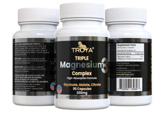 Troya triple complex magnesium bottle for convenient daily relaxation support.