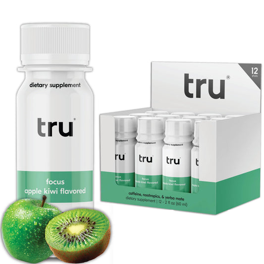 Tru Focus Shot Apple Kiwi bottle showcases zero sugar formula for on-the-go study sessions