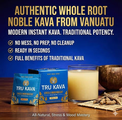 Tru Kava packaging box with sachets arranged for home use.