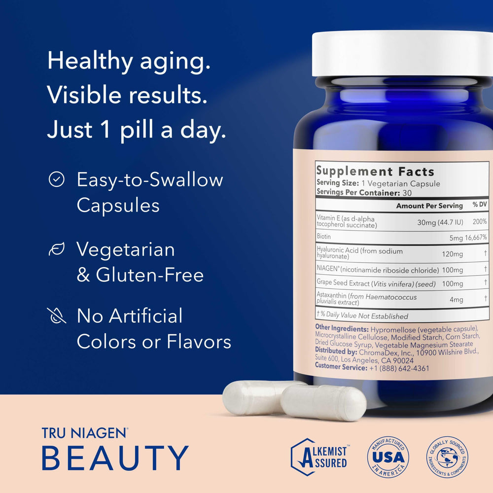 TRU NIAGEN Beauty NAD+ packaging emphasizing antioxidant ingredients.