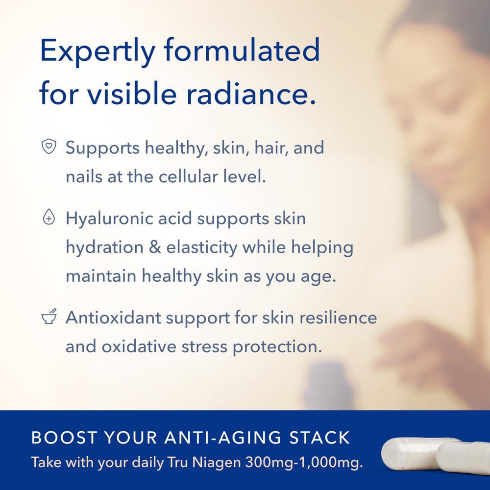 TRU NIAGEN Beauty NAD+ bottle shows Hyaluronic Acid for skin hydration benefits.