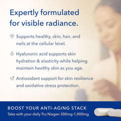 TRU NIAGEN Beauty NAD+ bottle shows Hyaluronic Acid for skin hydration benefits.