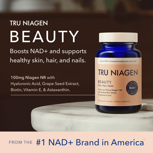 TRU NIAGEN Beauty NAD+ label highlights key actives and routine benefits.