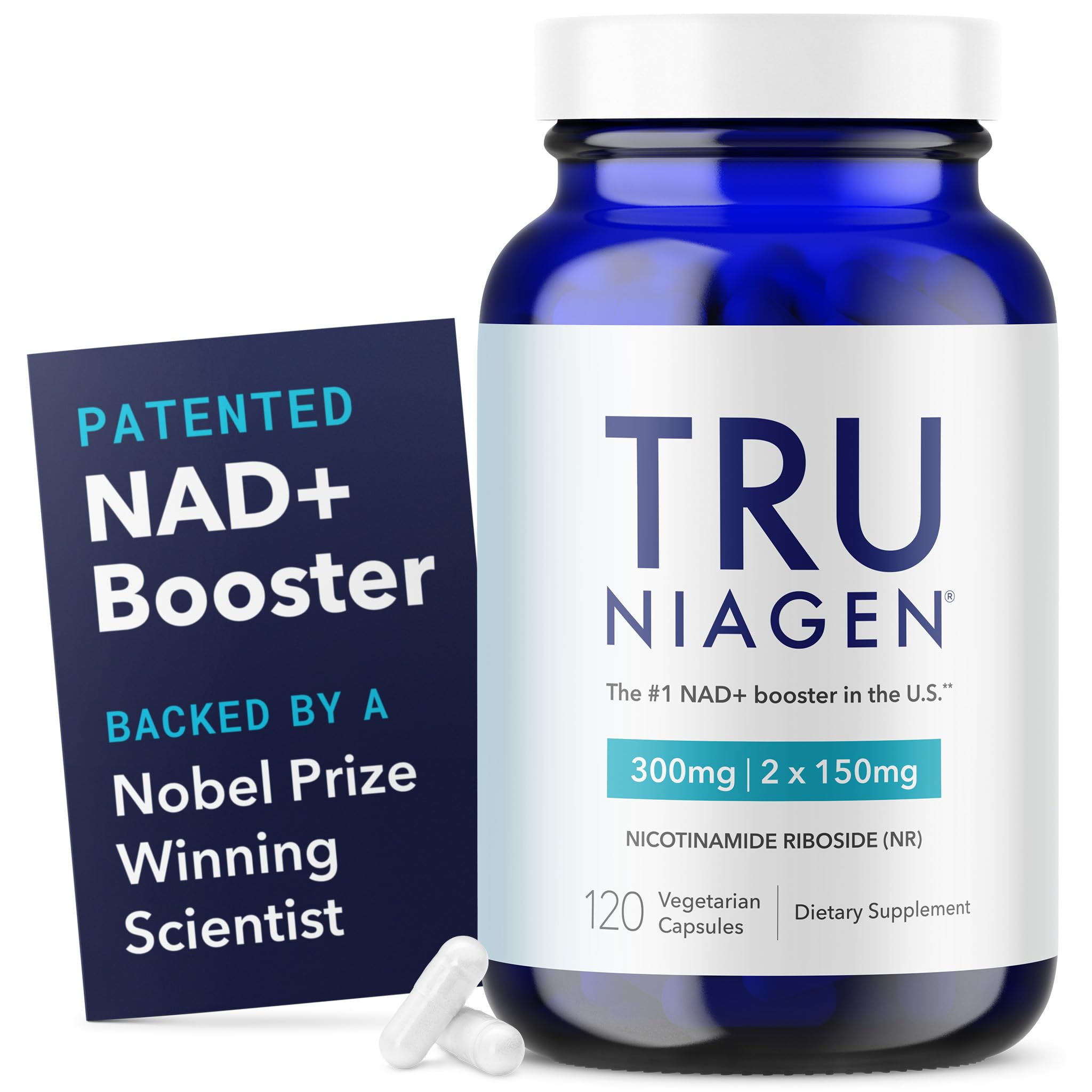 TRU Niagen bottle front view on a clean surface showing NAD+ support for cellular energy.
